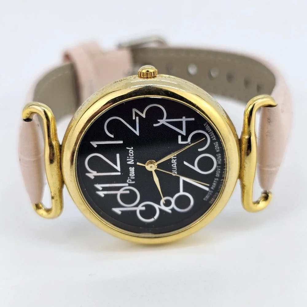 VTG Pierre Nicol Women Watch 32MM Black Dial New Pink Leather Bands New Battery‎